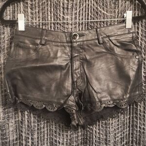 Black Faux Leather Shorts ~ Scalloped Hem